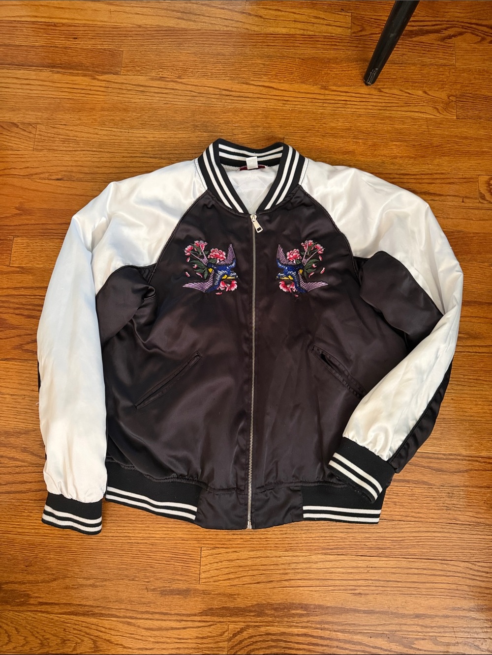 Vintage Embroidered Black & White Satin Bomber Jacket